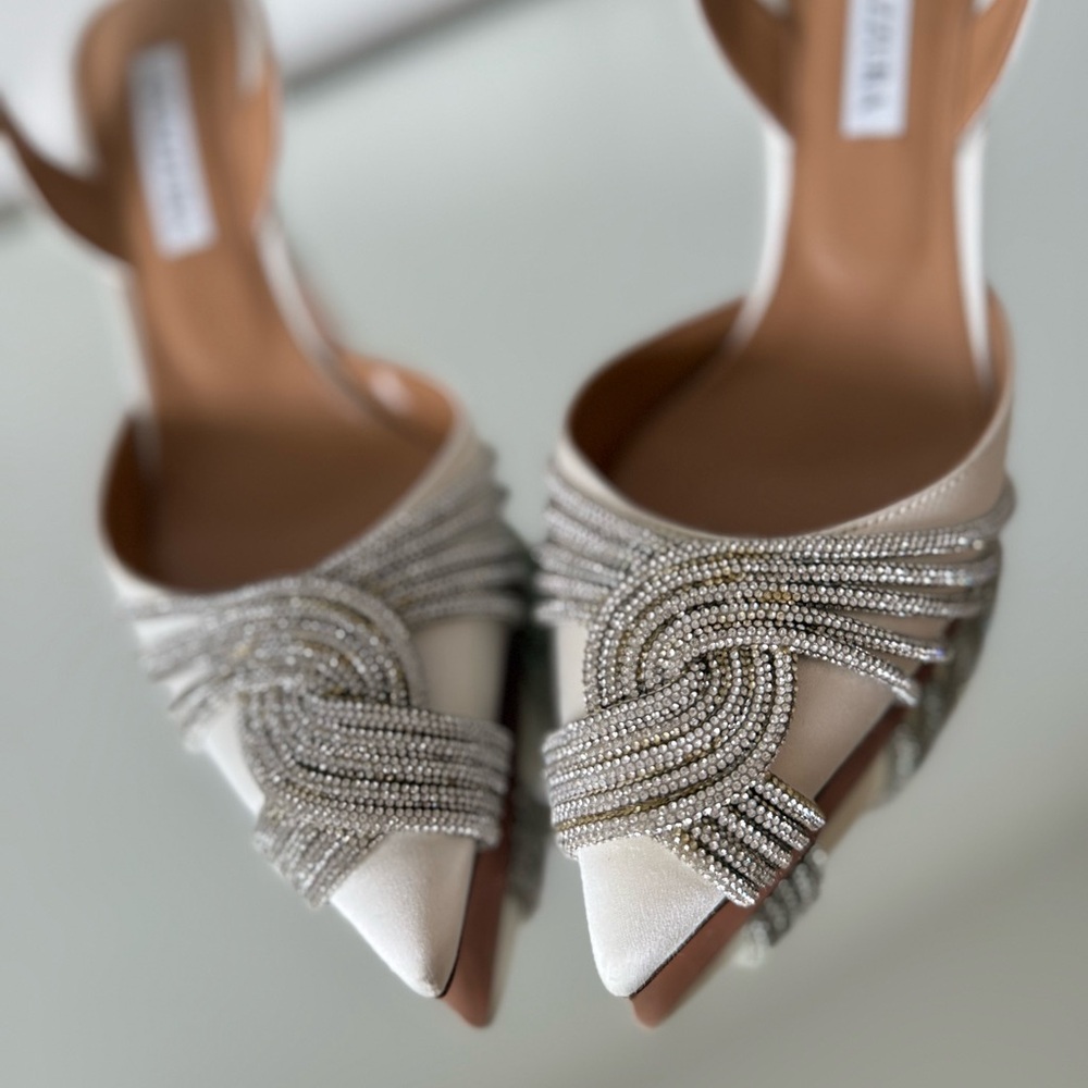 Worn once AQUAZZURA Gatsby 75 crystal-embellished satin slingback pumps - Picture 16 of 16